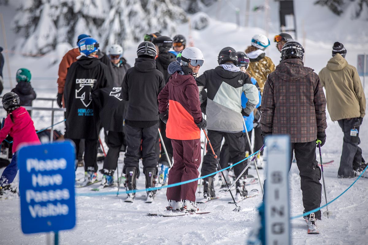 Ski gear (standing in lift line)